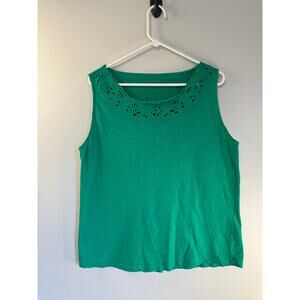 Talbots Women's XL Green Cotton Tank Top Round Neck with Eyelet Ruffles